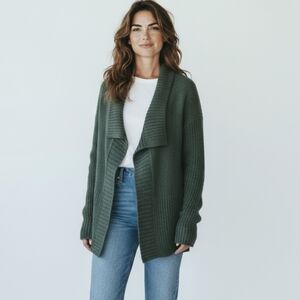 Chunky Green Cardigan Warm Cozy Spruce Green Open Front Waterfall Sweater Sz M/L